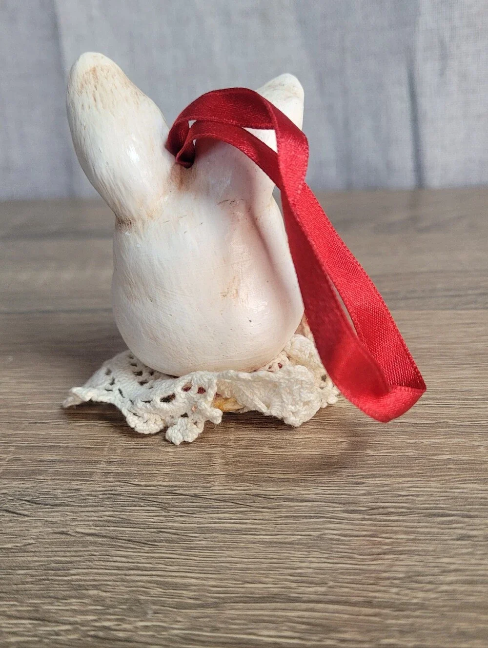 Vintage Whimsical Hand-Painted Bunny Rabbit Ornament W/ Lace Collar Farmhouse